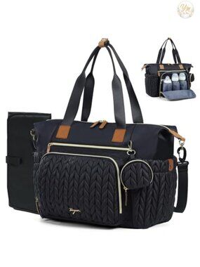 Quilted Nylon Diaper Bag Tote with Changing Pad, Insulated Pockets, Luggage